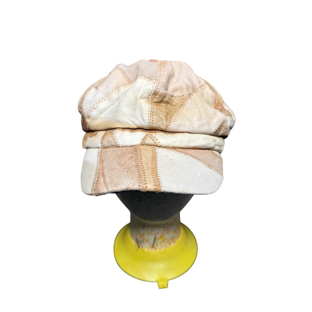 Vintage Patchwork Leather Newsboy Cap Tan Beige Cabbie Hat Women Multi Tonal